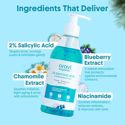 Aravi Organic 2% Salicylic Acid Exfoliating Body Wash With Niacinamide - Prevents Back & Body Acne 300 ml - Shower Gels & Body Wash