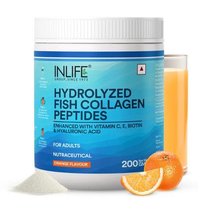 INLIFE Hydrolyzed Fish Collagen Powder - Orange Flavour 200 gm - Hair & Skin