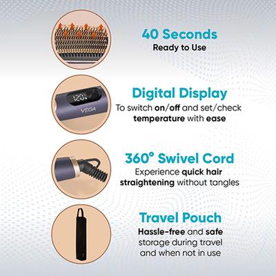 Vega Litstyle L1 Hair Straightener Brush for Women with Smart Memory Function, Quick Heat-Up, VHSB-06 525 gm - Hair Brushes