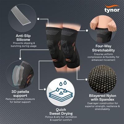 Tynor Knee Cap Air Pro (L) - Black & Green - Knee/Ankle/Leg/Foot Supports