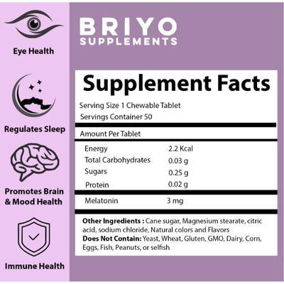 Briyo Melatonin 3 mg Natural grape flavoured Chewable Tablets 60s - Multi-Vitamins