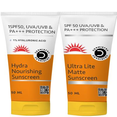 Dermistry 1% Hyaluronic Acid Hydra Nourishing Sunscreen SPF 50 UVA UVB PA+++ Protection 50 ml + Ultra Lite Matte Sunscreen SPF 50 UVA UVB PA+++ Protection 50 ml - Face Sunscreen