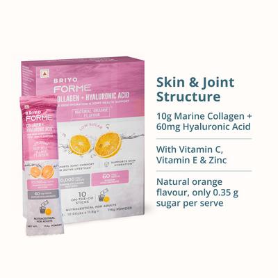 Briyo Forme Collagen + Hyaluronic Acid Structural Support Drink Mix Sugar Free Sachets - Orange Flavour (Pack of 10 x 11.6 g) - Nutritional Supplement