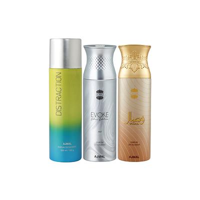 Ajmal 1 Distraction, 1 Ajmal Evoke Silver Edition For Him And 1 Wisal Deodorants Pack of 3 200 ml - Deodorants/Roll-Ons