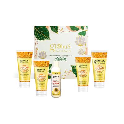 Globus Naturals Tan Vanish and Glow Goals Box, Box Includes - De-Tan Face Wash 100gm, Face Scrub 100gm, Face Cream 100gm, Face Pack 100gm, and Sunscreen Lotion 100ml 1's - Creams, Lotions & Oils