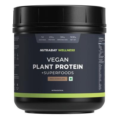 Nutrabay Wellness Vegan Plant Protein + Superfoods - Rich Chocolate 500 gm - Whey Proteins