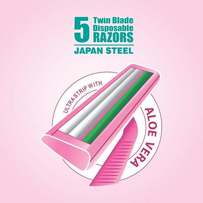 Vi-John Feather Touch Twin Blade Shaving Razors with Lubricating Aloe Vera Strip for Women 5's - Hair Removal Cream
