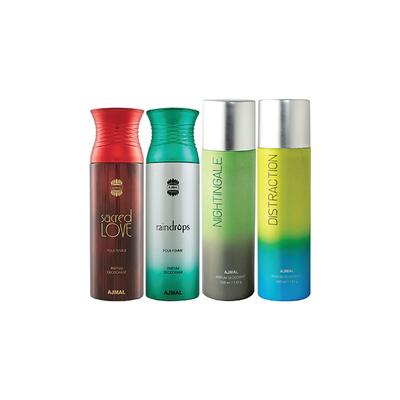 Ajmal 1 Sacred Love, 1 Raindrops Femme, 1 Nightingale And 1 Distraction Deodorants Pack of 4 200 ml - Deodorants/Roll-Ons