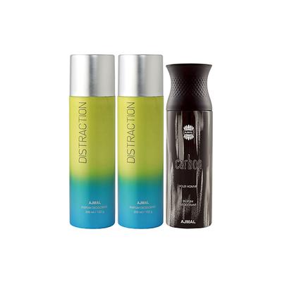 Ajmal 2 Distraction And 1 Carbon Deodorants Pack of 3 200 ml - Deodorants/Roll-Ons