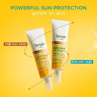 Simple Hydrating UV Fluid SPF 50 PA++++ | Hyaluronic Acid | Sunscreen for dry & sensitive skin, 40ml - Body Sunscreen