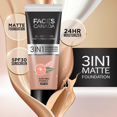 FACES CANADA 3in1 All Day Hydra Matte Foundation + Moisturizer + SPF 30 Rose Ivory 011 15 ml - Foundation