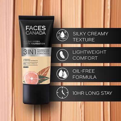 Faces Canada All Day Hydra Matte Foundation 3-In-1 Foundation + Moisturizer + SPF 30 24 Hr Aloe Hydration & Vitamin C 10Hr Long Wear Absolute Ivory 012 25ml - Foundation