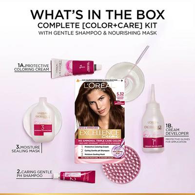 Loreal Paris Excellence Creme Hair Color No Ammonia with French Rose Oil Triple Care Color, 5.32 Caramel Brown 100gm+72ml 1's - Crème