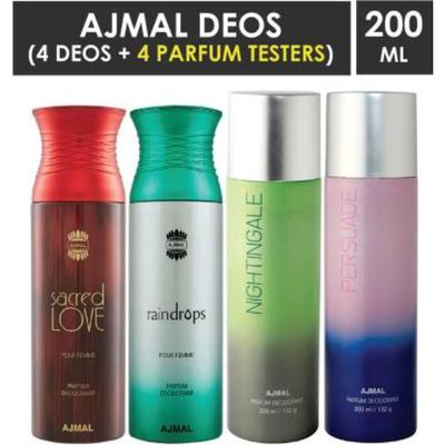 Ajmal 1 Sacred Love For Women, 1 Raindrops Femme For Women, 1 Nightingale And 1 Persuade For Men & Women High Quality Deodorants Combo (Pack Of 4) 800 ml - Perfumes (Edt/Edp)