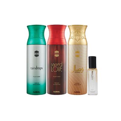 Ajmal Sacred Love & Raindrops & Wisal Deo & Aretha EDP Pack of 3 20 ml - Women Perfumes (Edt/Edp)