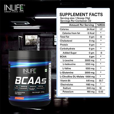 INLIFE BCAAS Powder - Orange Flavour 250 gm - Bcaa Supplements