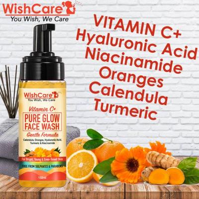 WishCare Vitamin C+ Pure Glow Face Wash - with Vitamin C Hyaluronic Acid Niacinamide Oranges Calendula & Turmeric 150 ml - Face Washes