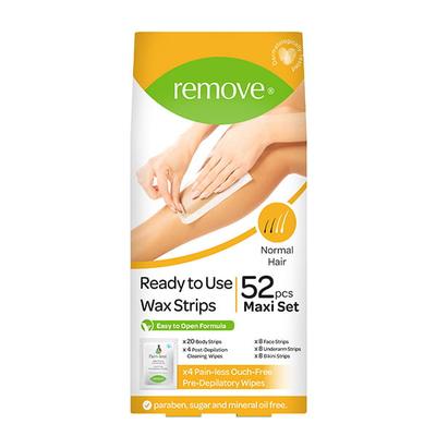 Remove Wax Strips 52 Pcs Maxi Set - Normal Hair (20 Body + 8 Bikini + 8 Face + 8 Underarm Strips & 4 Pain-Less + 4 Post Depilation Cleaning Wipes) 1's - Shaving & Hair Removal
