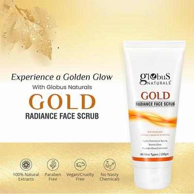 Globus Naturals Gold Radiance Anti Ageing & Brightening Face Scrub Enriched with Saffron 100 gm - Scrubs & Exfoliants