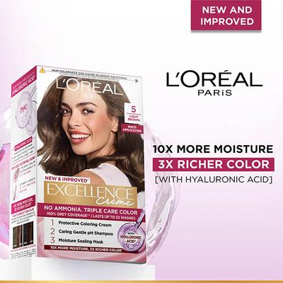 L'Oreal Paris Excellence Creme 5 Light Brown with French Rose Oil Triple Care Color 100gm+72 ml - Crème