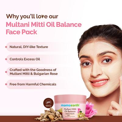 Mamaearth Multani Mitti Oil Balance Face Pack Multani Mitti & Bulgarian Rose Normal Oily Skin 200 gm - Face Packs