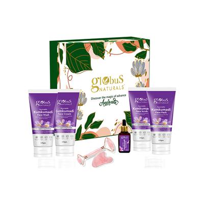 Globus Naturals Luxurious Kumkumadi Bliss Box, Box Includes - Kumkumadi Face Wash 100gm, Face Scrub 100gm, Face Cream 100gm, Face Pack 100gm, Face Serum 50ml and Jade Roller 1's - Creams, Lotions & Oils