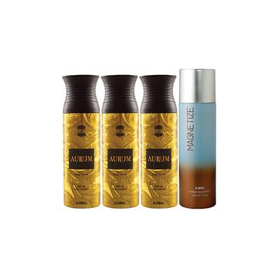 Ajmal 3 Aurum Femme And 1 Magnetize Deodorants Pack of 4 200 ml - Deodorants/Roll-Ons