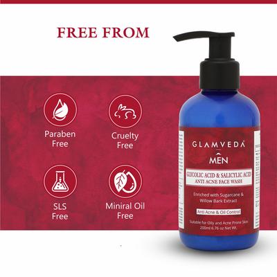 Glamveda Men Glycolic Acid and Salicylic Acid Anti Acne Face Wash 200 ml - Face Washes