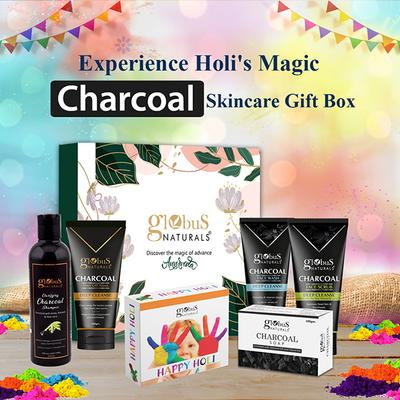 Globus Naturals Pre and Post Holi Ritual Ayurvedic Charcoal Skin Care Gift Box, for All Skin Types - Both Men and Women Face Wash 100gm, Face Scrub 100gm, Peel Off Mask 100gm, Charcoal Shampoo 250ml and Soap 100gm 1's - Makeup Kits & Sets