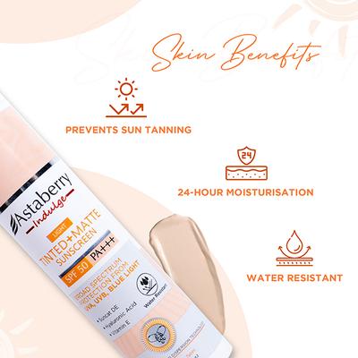 Astaberry Indulge Tinted Matte Sunscreen SPF 50 PA+++ For Broad Spectrum, Blue Light Protection (Light) 50 gm - Face Sunscreen