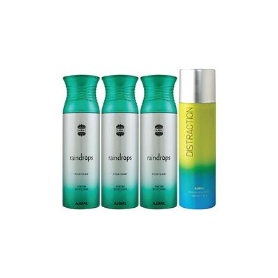 Ajmal 3 Raindrops Femme And 1 Distraction Deodorants Pack of 4 200 ml - Deodorants/Roll-Ons