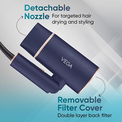 Vega Ionic 1400W Foldable Hair Dryer for Men and Women with 2 Heat/Speed Settings, (VHDH-35) 496 gm - Hair Dryers