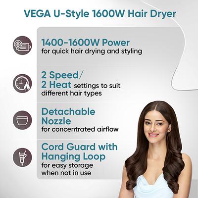 Vega U Style 1400-1600W Foldable Hair Dryer For Women & Men With Cool Shot, 2 Speed/Heat Settings, (Vhdh-24) - Hair Dryers