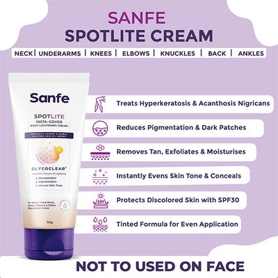 Sanfe Spotlite Insta-Cover Body Lightening Cream for Dark Neck, Joints and Skinfolds Lightens Skin 50 gm - Lotions & Creams