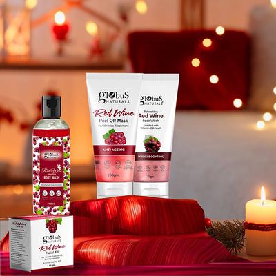 Globus Naturals Wine Infusion Luxury Spa Ritual Gift Box, Box Includes - Red Wine Body Wash 100ml + Red Wine Face Wash 75gm+ Red Wine Facial Kit 40gm + Peel Off Mask 100gm 1's - Creams, Lotions & Oils
