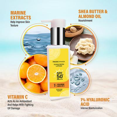 Faces Canada Sunscreen Lotion, SPF 50+ PA+++, Protects From Uva & UVB Rays, 1% Hyaluronic Acid & Vitamin C 100ml - Face Sunscreen