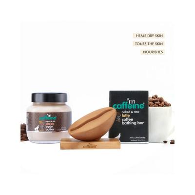 mCaffeine Daily Latte Bath Kit with Free Handcrafted Bean Tray- Pack of Bathing Bar Soap & Body Butter 350 gm - Body Butter