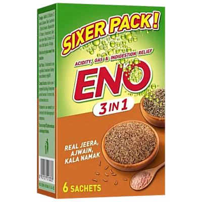 Eno 3 In 1 Sachet - Real Zeera, Ajwain, Kala Namak Flavour (Pack Of 6 x 5 g) - Acidity