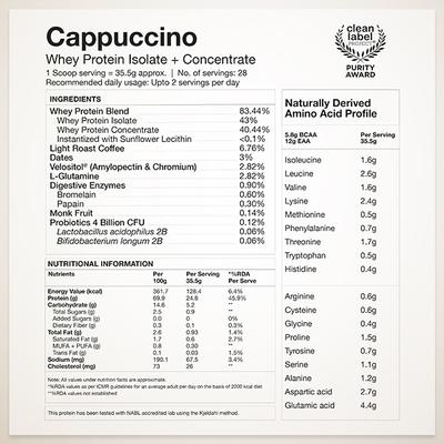 Wellbeing Nutrition 100% Native Whey Protein Isolate + Concentrate - Cappuccino 1 Kg - Nutritional Supplements