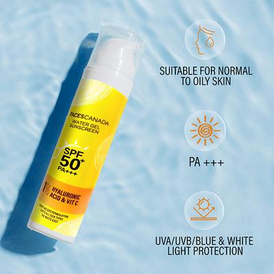 Faces Canada Water Gel Sunscreen, SPF 50+ PA+++, 1% Hyaluronic Acid & Vitamin C, No Parabens 50gm - Face Sunscreen