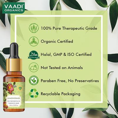 Vaadi Herbals Lemongrass Essential Oil - Reduces Stress & Depression, Prevents Hairfall, Prevents Skin Ageing - 100% Pure Therapeutic Grade 10 ml - Essential Oils