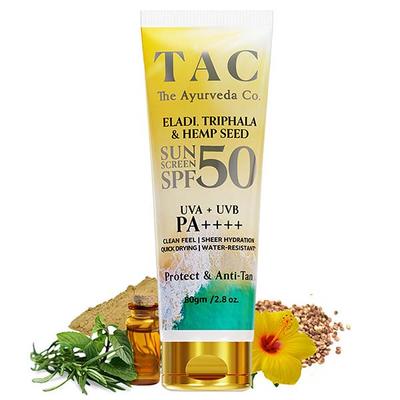 TAC The Ayurveda Co. Eladi, Triphala & Hemp Seed SPF 50 UVA+UVB PA++++ Sun Screen 80 gm (N) - Personal Care (Ayush)