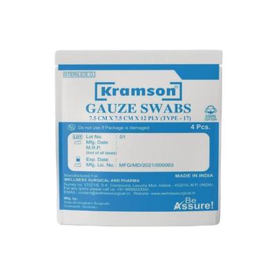 Wellness Kramson Gauze Swab (7.5 Cm x7.5 Cm x 12 Ply) 4's - Cotton Wool & Swabs