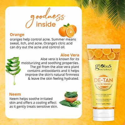 Globus Naturals De Tan Face Wash, Enriched with Neem & Aloe Vera, Tan Removal, 100gm each 2's - Face Wash & Cleansers
