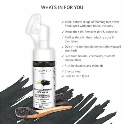 Glamveda Charcoal Detox Foaming Face Wash With Turbo Tool Brush 150 ml - Face Washes