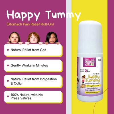 The Old Natural Junior Happy Tummy Stomach Pain Relief Roll On - Dill, Hing & Fennel Oil 50 ml - Pain Relief (Ayush)