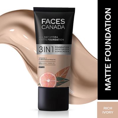 Faces Canada All Day Hydra Matte Foundation 3-In-1 Foundation + Moisturizer + SPF 30 24 Hr Aloe Hydration and Vitamin C Rich Ivory 013 25ml - Foundation