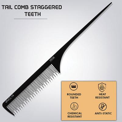 Vega Professional Tail Comb Staggered Teeth (Carbon Anti-Static Black Line Hair Comb) (VPVCC-14) 1's - Hair Combs