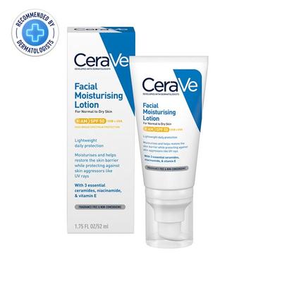 Cerave AM Facial Moisturizing Lotion - Normal to Dry Skin Day Cream With Sunscreen SPF 50 52 ml - Body Sunscreen