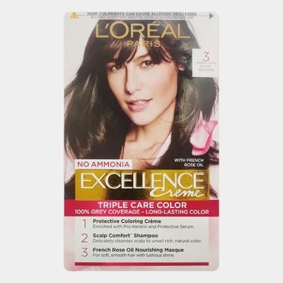 L'Oreal Paris Excellence Creme Hair Color, 3 Dark Brown/Natural Darkest Brown 100gm+72ml 1's - Crème